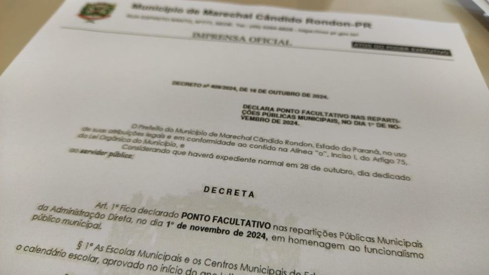 Decreto assinado pelo prefeito Márcio Rauber.