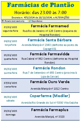 Escala de plantão das farmácias de Marechal Cândido Rondon.