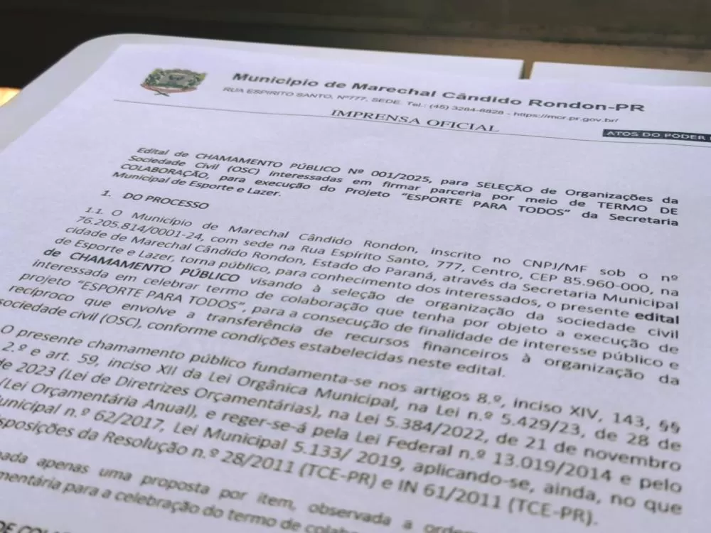 Cópia do edital publicado. (Imagem: Assessoria/Prefeitura)