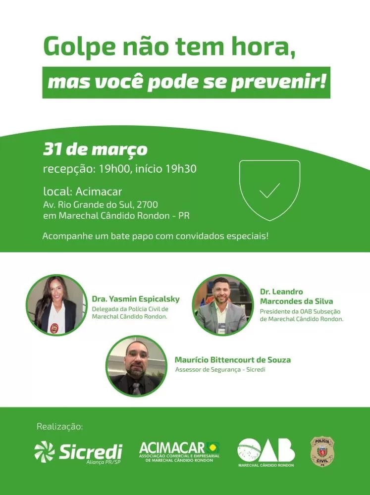 Especialistas alertam sobre golpes e fraudes em evento gratuito em Marechal Cândido Rondon