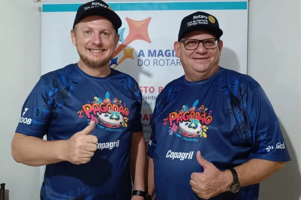 Marcelo Wiederkehr, presidente do Rotary 25 de Julho, e Eurico Martins, coordenador do Pagodão: “Nossa feijoada é uma das melhores de Marechal Rondon, agora com ainda mais animação. Além de saborear um prato especial, cada ficha adquirida ajuda em causas 