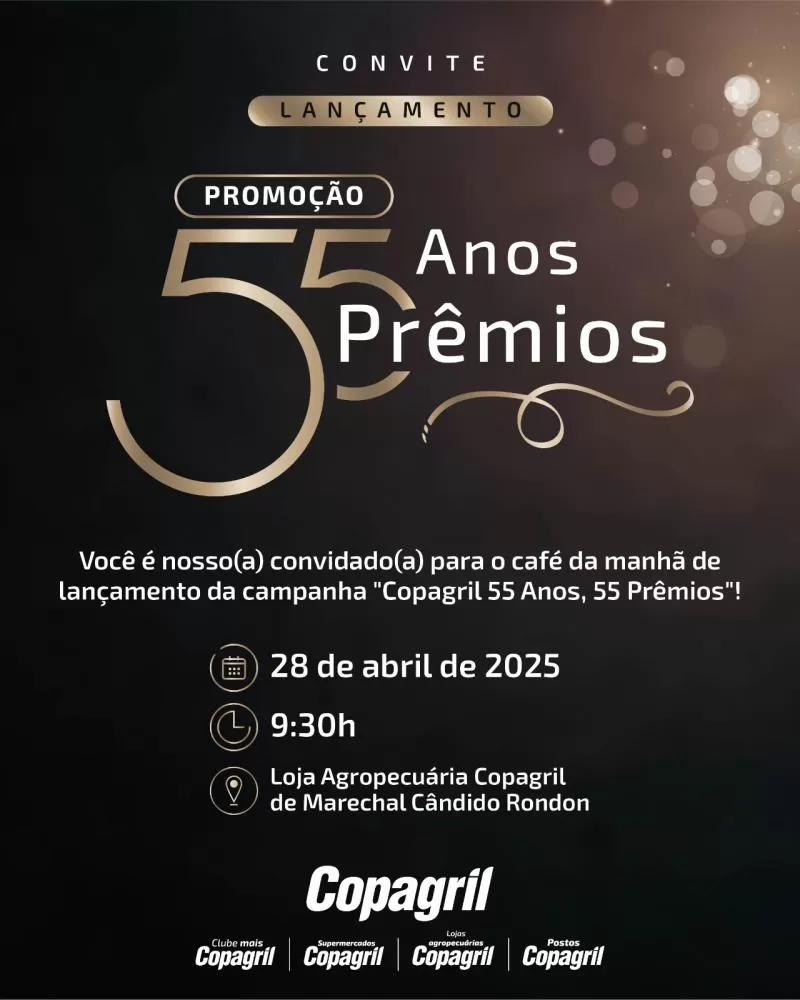 Serão sorteados 55 prêmios pelos 55 anos da Copagril.