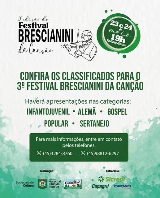 Com 58 candidatos, o Festival Brescianini da Canção celebra a diversidade musical e o talento regional em dois dias de apresentações no parque de exposições.