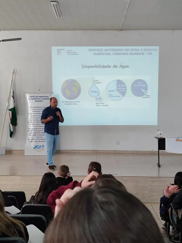 Fábio Regelmeier conduz workshop que une oratória, liderança jovem e consciência ambiental no ISEPE Rondon. (Foto: Assessoria/SAAE)