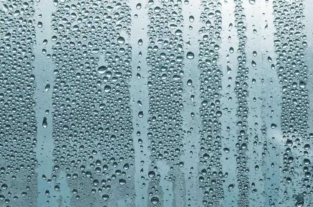Gotas de água condensada em vidro de janela pela manhã, ilustrando o “suor” causado pela diferença de temperatura entre o interior frio e o ar úmido externo.