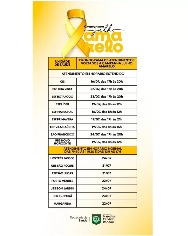 Cronograma da Campanha Julho Amarelo. 