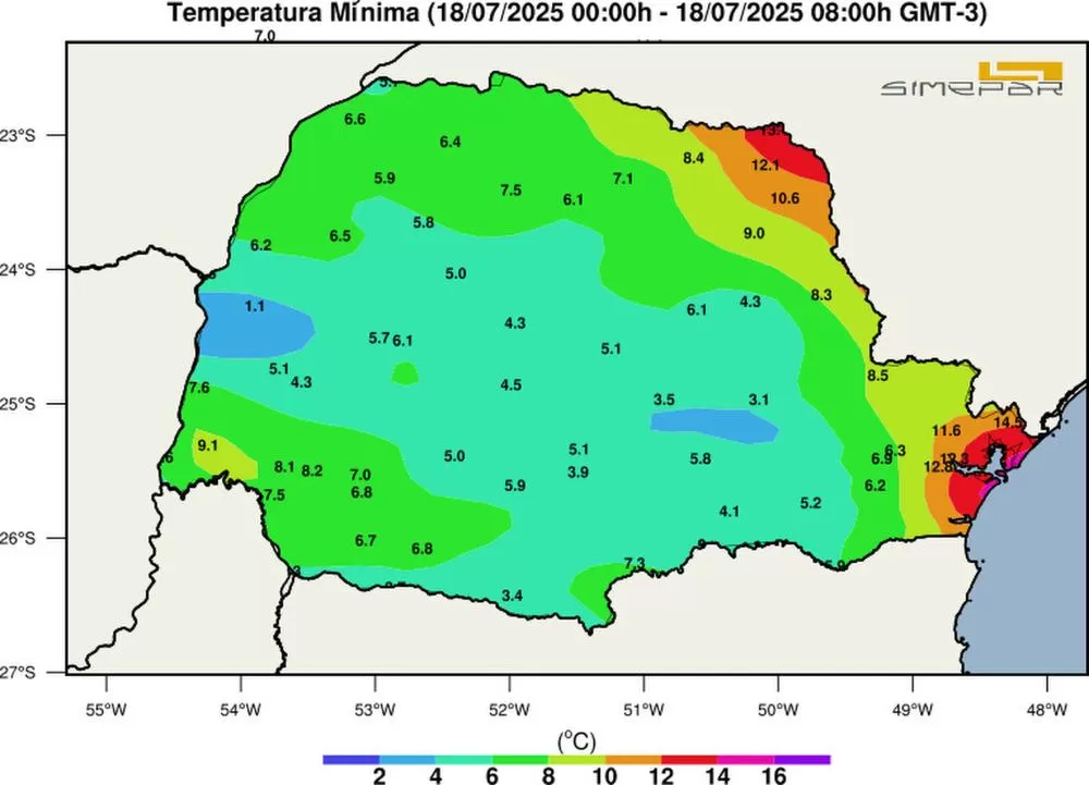 Mapa do estado do Paraná indicando as temperaturas mínimas registradas por região na manhã de sexta-feira (18), segundo o Simepar.