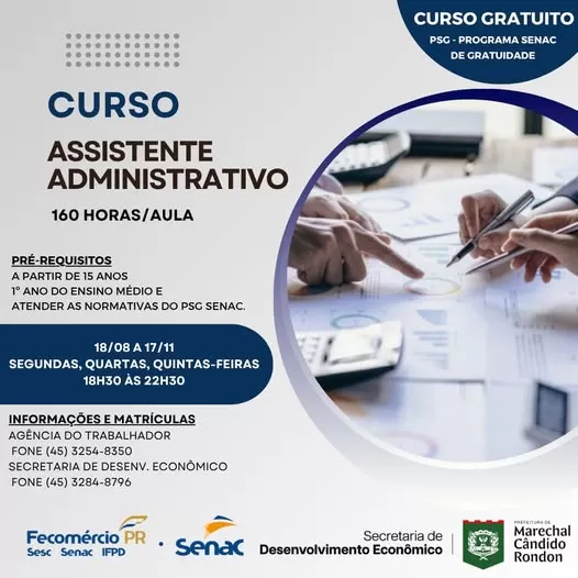 Curso gratuito do Senac capacita jovens e adultos para atuar na área administrativa em Marechal Rondon.