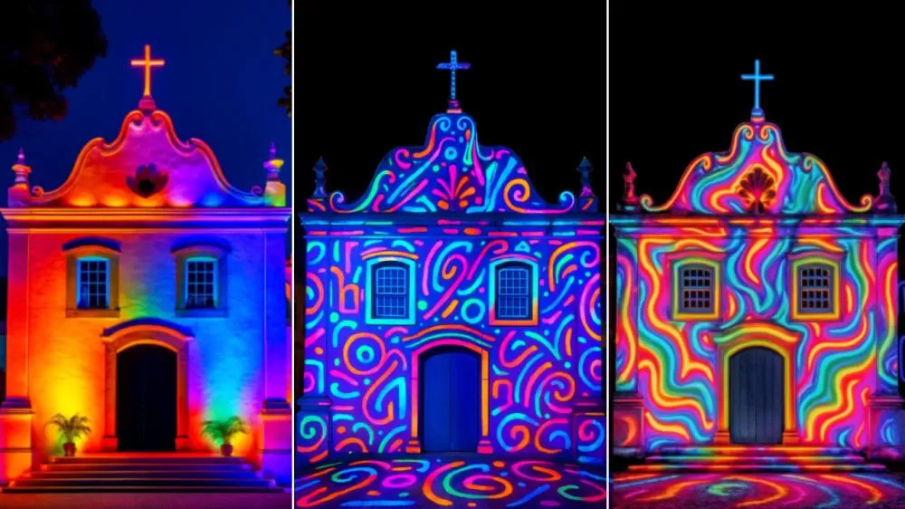 Fachada da Igreja Matriz de Nossa Senhora do Bom Sucesso, em Guaratuba, será transformada em tela de arte e reflexão ambiental durante o Guará Mapping Festival. (Foto: Divulgação)