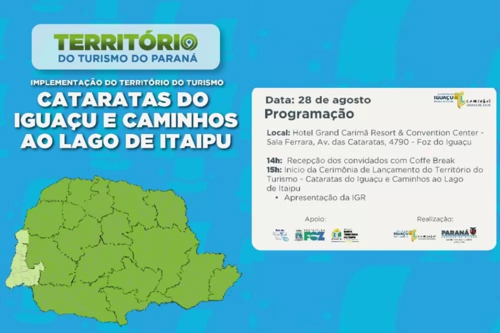 Foz do Iguaçu recebe lançamento do território turístico Cataratas do Iguaçu e Caminhos ao Lago de Itaipu, iniciativa da Setu para fortalecer o setor no Oeste do Paraná.