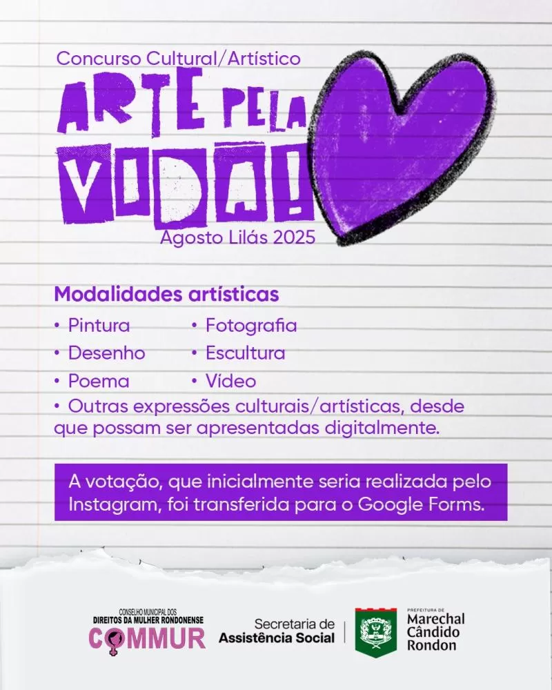 Concurso “Arte Pela Vida – Agosto Lilás 2025” valoriza a arte como instrumento de reflexão e transformação social.
