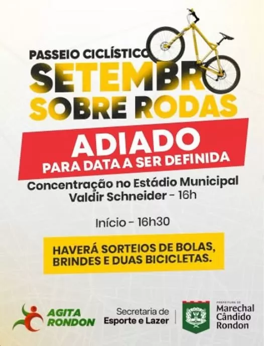 Passeio ciclístico “Setembro Sobre Rodas” que aconteceria neste sábado foi adiado devido ao mau tempo. (Imagem: Divulgação)