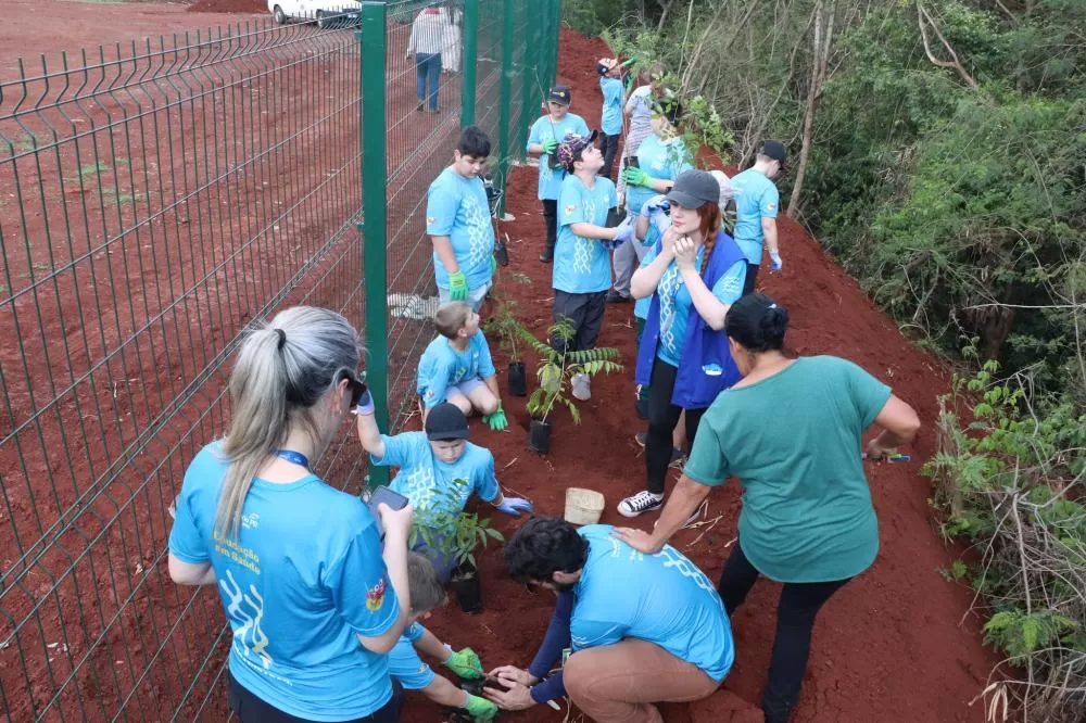 Crianças do Projeto Futuro Integral do Sesc participaram do plantio de árvores e da limpeza de área próxima ao Teatro Municipal Hedio Strey. (Foto: Divulgação)