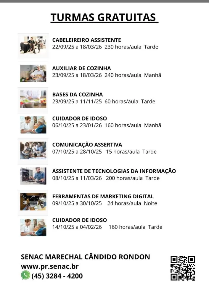 Senac Marechal oferece cursos gratuitos de qualificação profissional em diversas áreas, com inscrições abertas pelo PSG.