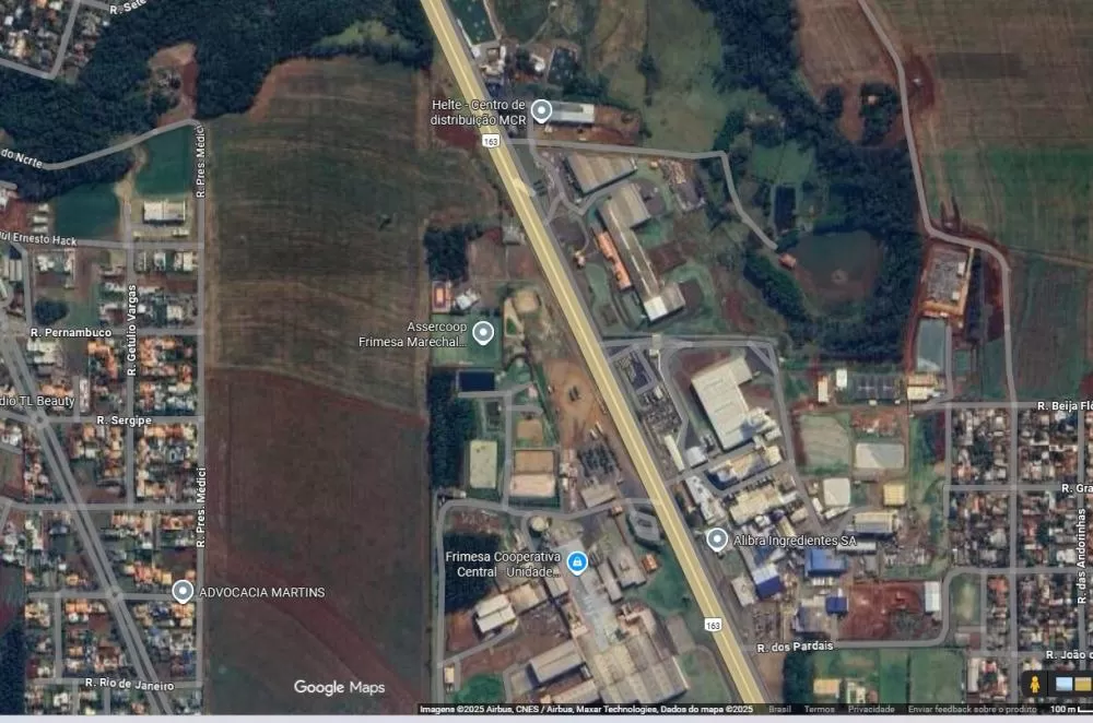 Trecho da BR-163 que receberá a passarela, em frente às indústrias Sooro, Alibra e Frimesa.(Imagem: Google Maps)