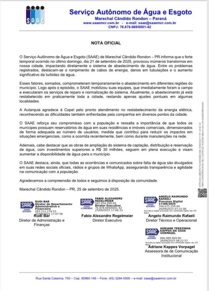 SAAE divulgou Nota Oficial sobre os efeitos do temporal de 21 de setembro, que comprometeu temporariamente o abastecimento de água em Marechal Cândido Rondon. (Imagem: Divulgação)