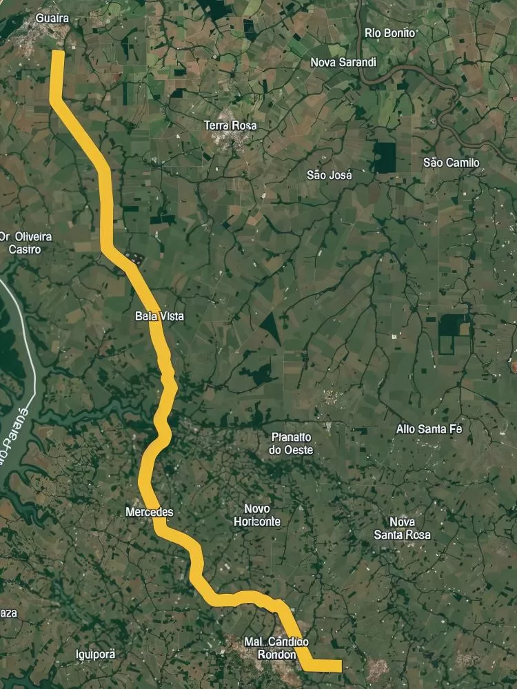 Trecho entre Marechal Cândido Rondon e Guaíra deverá receber novo ponto de pedágio com a concessão do lote 5 de rodovias. (Foto: Google Earth)