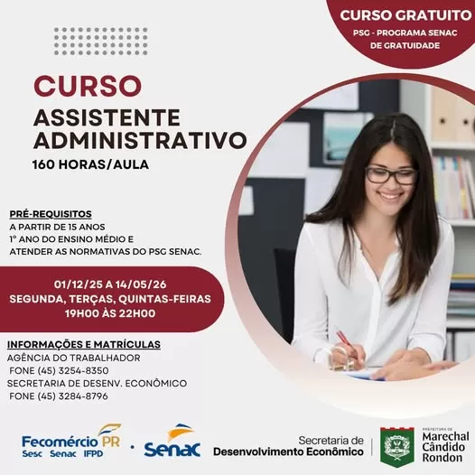 Curso gratuito de Assistente Administrativo do Senac, em parceria com a prefeitura, forma novas oportunidades para quem busca qualificação profissional em Marechal Rondon. (Imagem: Divulgação)