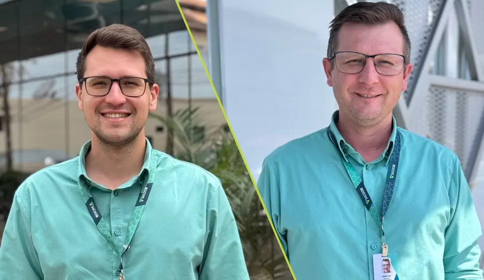 Maurício Buchholz assume a gerência da agência Centro e Marcelo Bloch lidera a unidade de Nova Santa Rosa, em mudanças que reforçam a valorização de talentos no Sicoob Confiança. (Fotos: Divulgação/Sicoob Confiança)