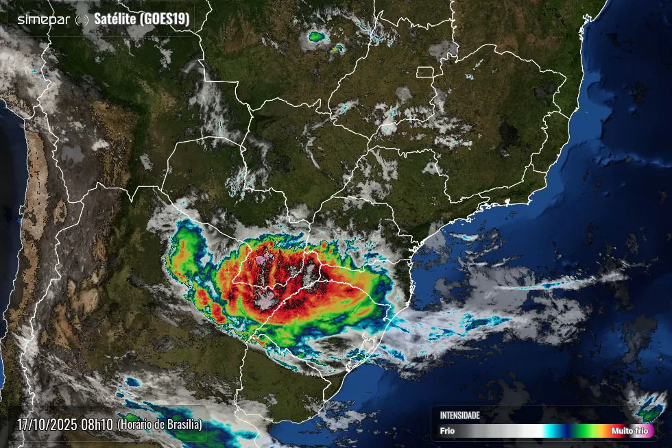 Após ventos de até 110 km/h e fortes chuvas, nova frente fria deve provocar temporais no Paraná neste fim de semana. (Imagem: Divulgação/Simepar)