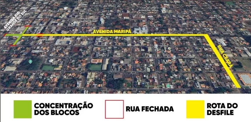 Mapa do desfile da 35ª Oktoberfest de Marechal Cândido Rondon, com trajeto pela avenida Maripá até o parque de exposições. (Imagem: Divulgação)