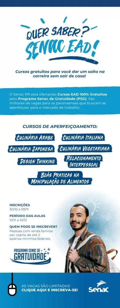 Senac Paraná oferece cursos gratuitos e 100% online com tutoria, voltados à formação profissional e à geração de renda. (Imagem: Divulgação)
