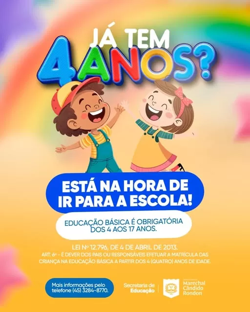 Período de matrículas para a Educação Infantil 4 inicia em 6 de novembro nas escolas municipais de Marechal Cândido Rondon. (Imagem: Divulgação)