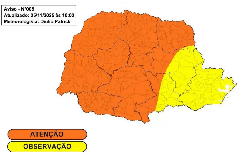 O mapa mostra que chuvas intensas e ventos fortes voltam a atingir o Paraná; Defesa Civil mantém alerta para o fim de semana. (Imagem: Simepar/Divulgação)