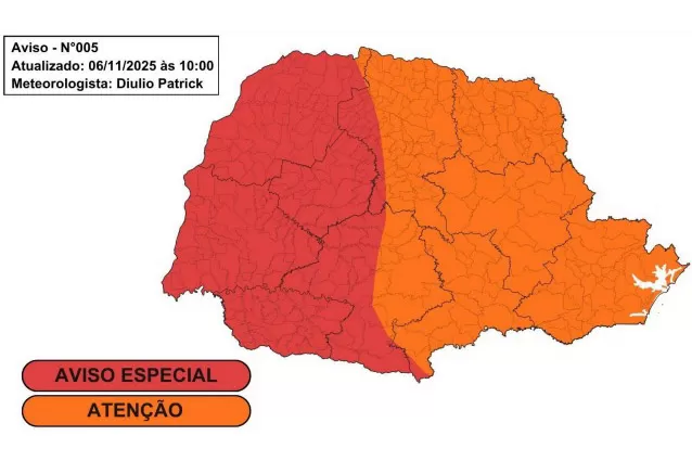 Imagem do Simepar aponta avanço de tempestades severas no Paraná entre sexta e sábado, com vento acima de 80 km/h e chuva superior a 50 mm. (Imagem: Divulgação/Simepar)