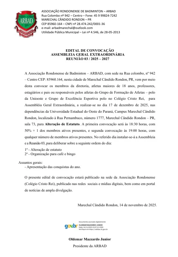 Em edital a ARBAD convoca assembleia extraordinária para alterar estatuto e apresentar conquistas dos atletas em 2025.