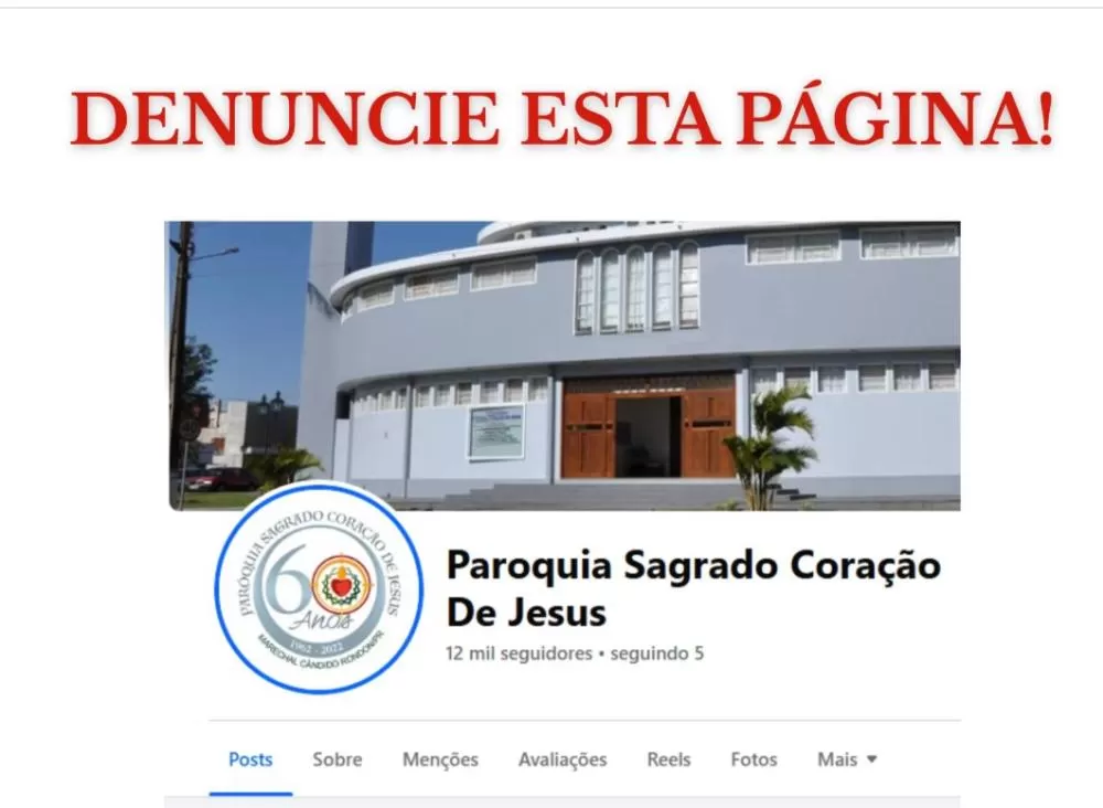 Paróquia alerta comunidade após invasão de página antiga e pede que internautas denunciem o perfil para remoção.