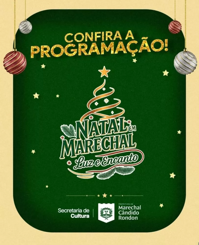 Decoração natalina ilumina os espaços públicos de Marechal Cândido Rondon no início do “Natal Luz e Encanto”. (Foto: Divulgação)