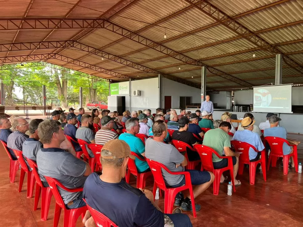 Associados acompanham a apresentação da diretoria durante as Reuniões de Núcleos Cooperativos da Copagril. (Foto: Divulgação)