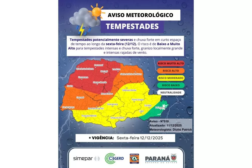 Mapa meteorológico indica avanço de sistema de baixa pressão que eleva o risco de tempestades severas no Paraná. (Imagem: Divulgação)
