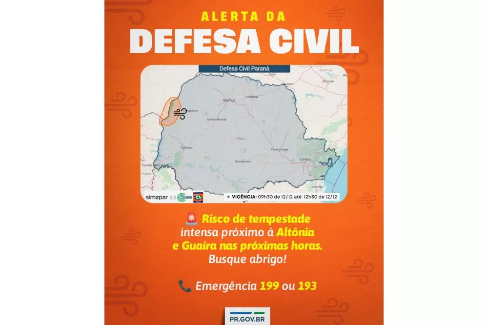 Alerta meteorológico aponta risco de tempestades severas no Oeste e Noroest e do Paraná nesta sexta-feira. (Imagem: Divulgação)