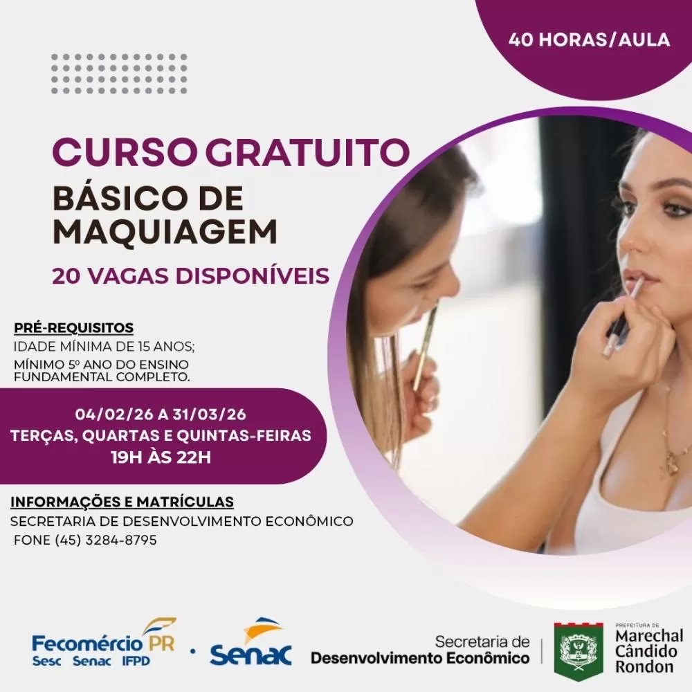 Curso gratuito de maquiagem básica oferece formação noturna e amplia oportunidades de qualificação profissional em Marechal Cândido Rondon. (Imagem: Divulgação)