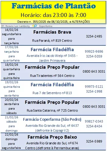 Escala de plantão das farmácias de Marechal Cândido Rondon entre 16 e 22 de fevereiro. (Imagem: Divulgação)