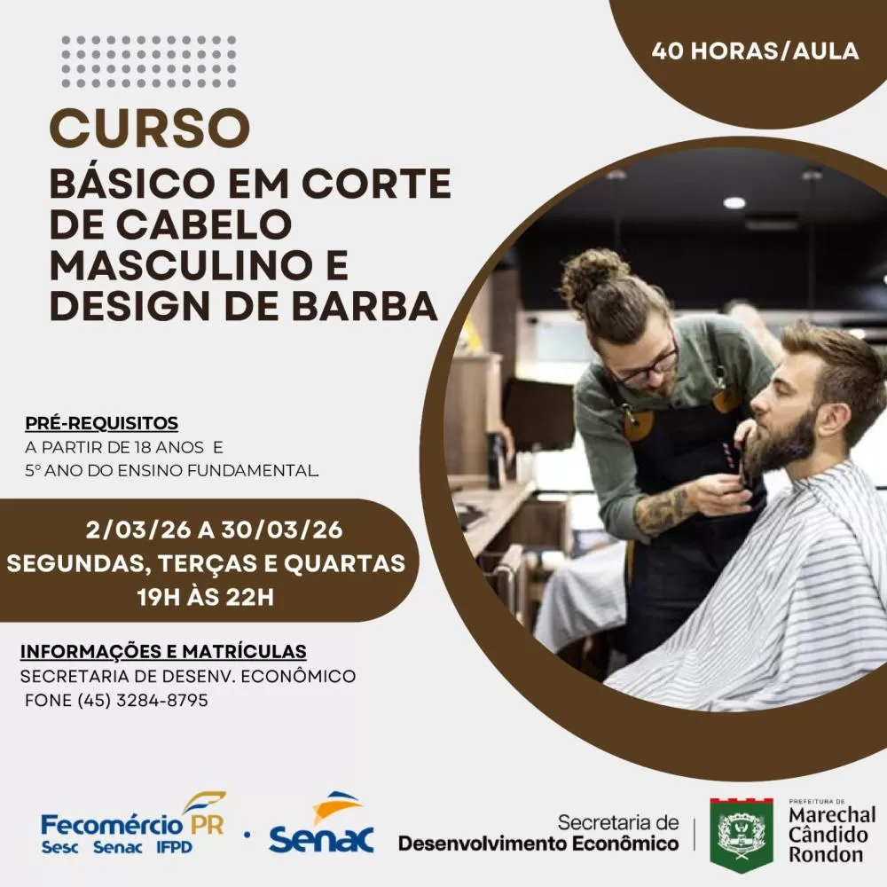Curso gratuito de barbeiro oferece formação técnica e oportunidade de geração de renda em Marechal Rondon. (Imagem: Divulgação)
