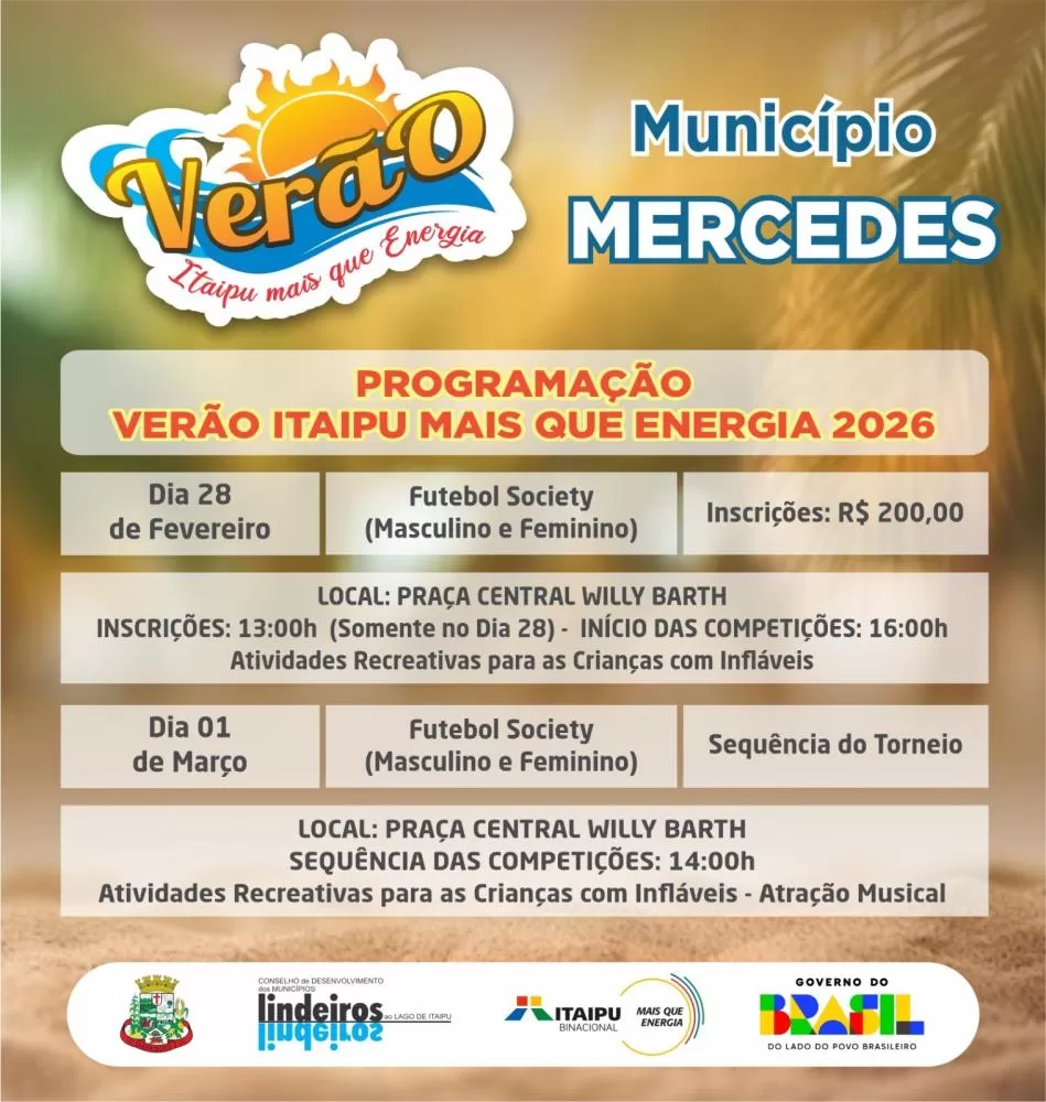 Programação do Circuito Verão Itaipu Mais que Energia que movimentará Mercedes neste final de semana. (Imagem: Divulgação)