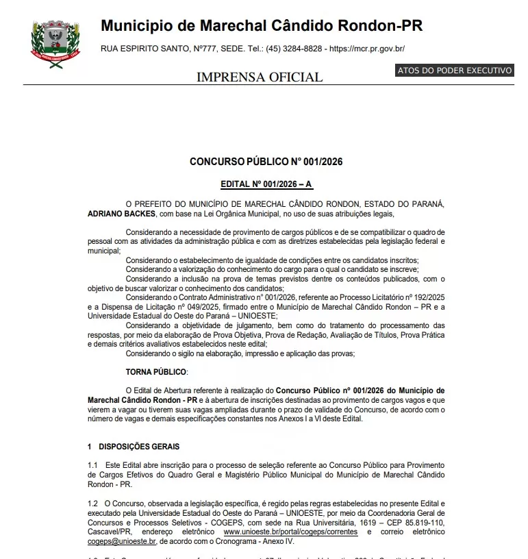 Edital do Concurso Público 001/2026 de Marechal Cândido Rondon foi publicado em 4 de março e prevê salários iniciais de R$ 1.723,06 a R$ 31.958,62.