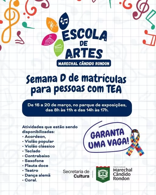 Escola de Artes de Marechal Cândido Rondon abre matrículas para atividades culturais voltadas a pessoas com TEA. (Foto: Divulgação)