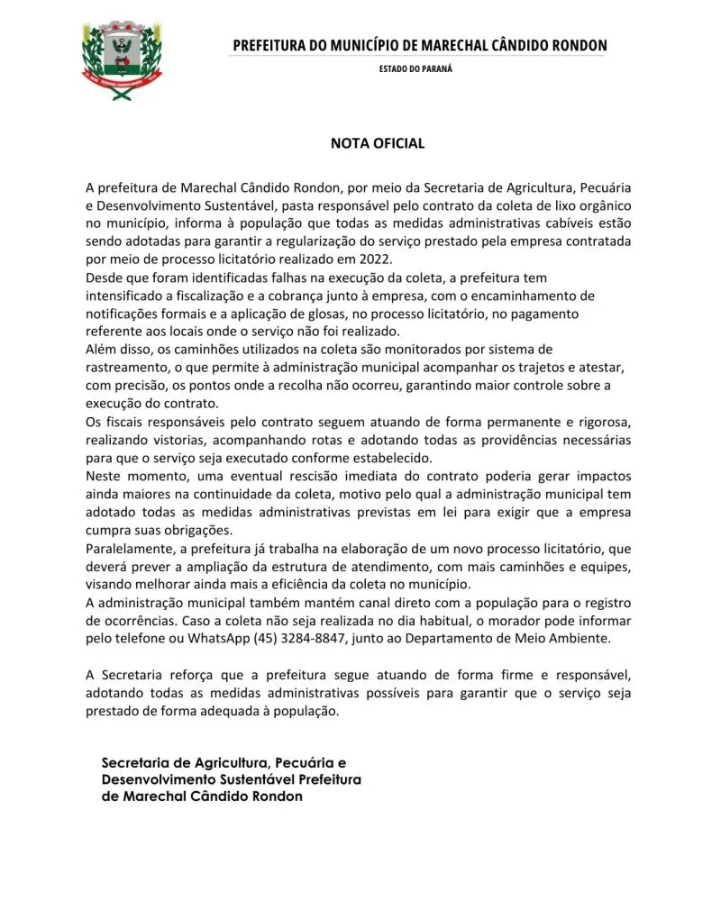 Nota oficial da prefeitura esclarece medidas adotadas para regularizar a coleta de lixo no município.