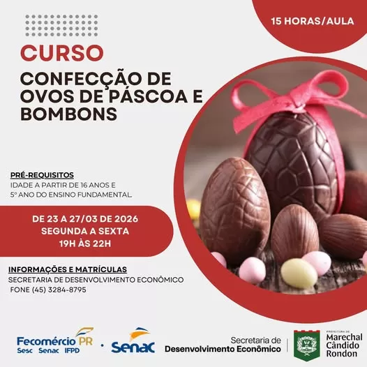 Curso gratuito ensinará técnicas de produção de ovos de Páscoa e bombons em Marechal Cândido Rondon. (Imagem: Divulgação)