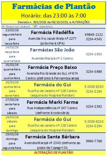 Escala de plantão garante atendimento farmacêutico durante a madrugada em Marechal Rondon (Foto: Divulgação)