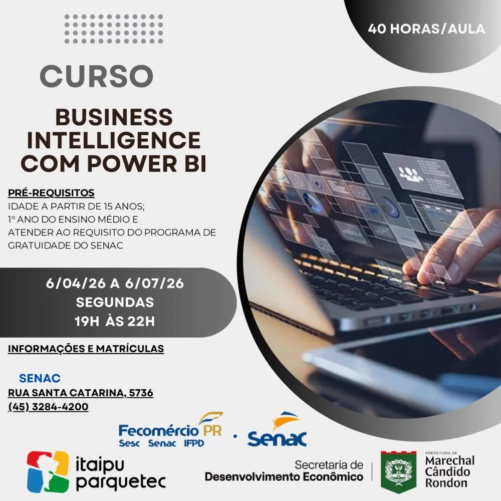 Curso gratuito de Business Intelligence com Power BI abre vagas em Marechal Cândido Rondon. (Imagem: Divulgação)