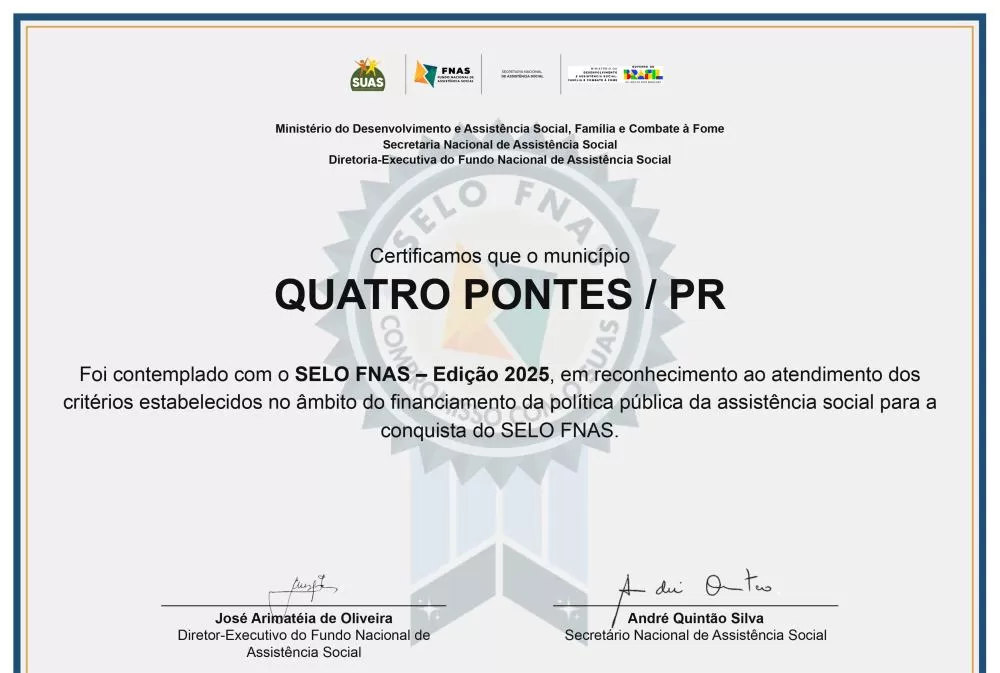 Quatro Pontes recebe reconhecimento nacional pela qualidade da gestão na assistência social. (Imagem: Divulgação)