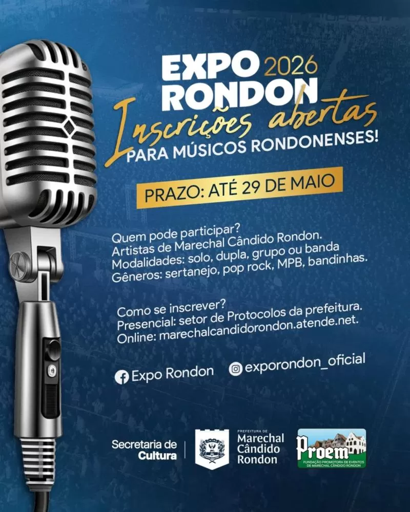 Inscrições abertas garantem espaço para músicos locais na programação da Expo Rondon 2026 (Imagem: Divulgação)