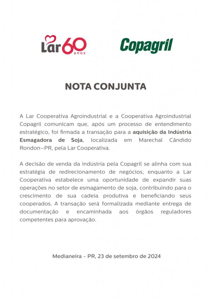 A nota conjunta das duas cooperativas.