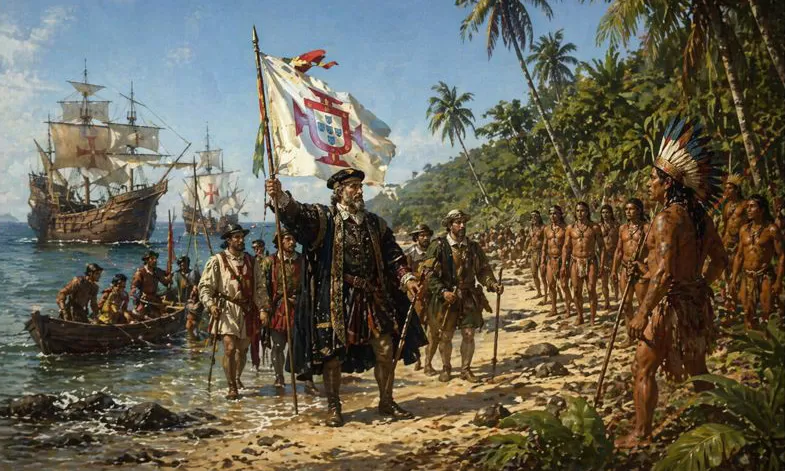 Representação da chegada da expedição portuguesa ao litoral brasileiro em 1500. (Imagem criada por IA)