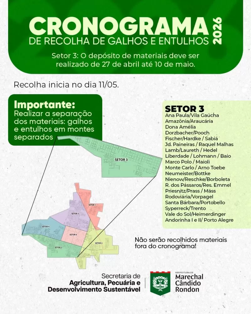 Depósito de galhos, entulhos e materiais inservíveis está liberado no setor 3 de Marechal Cândido Rondon até 10 de maio. (Imagem: Divulgação)